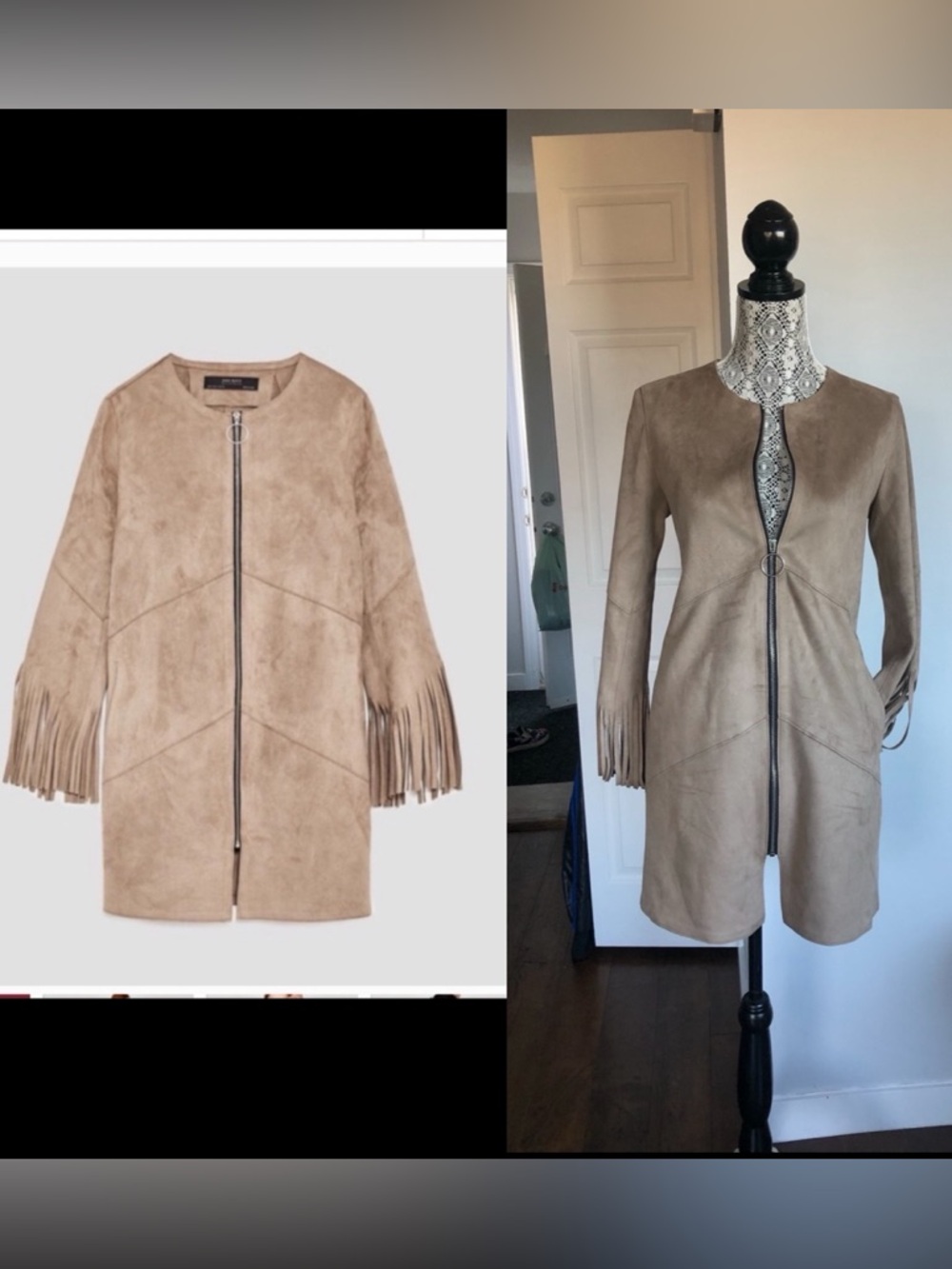 New Zara Faux Suede SOFT Western Cowgirl Tassel Sleeve Zip Up Jacket. Small
